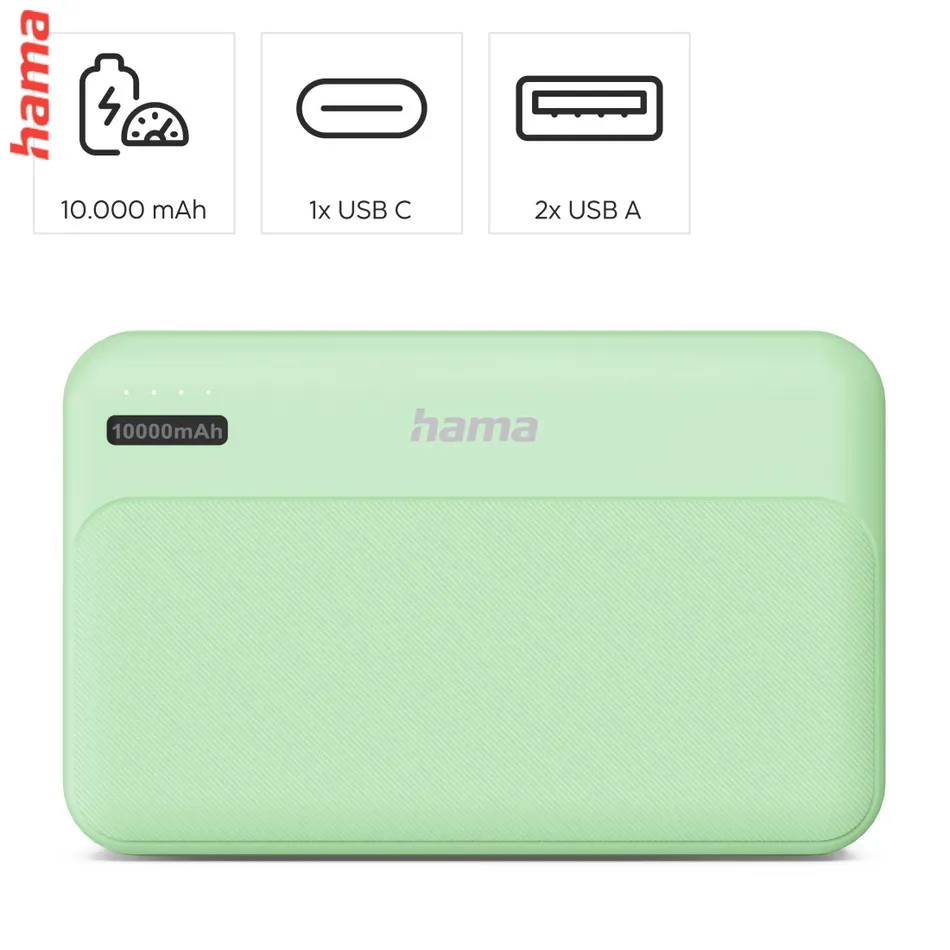 Hama Pocket 10, powerbanka 10000 mAh, 2,1 A, výstup: 2x USB-A, zelená