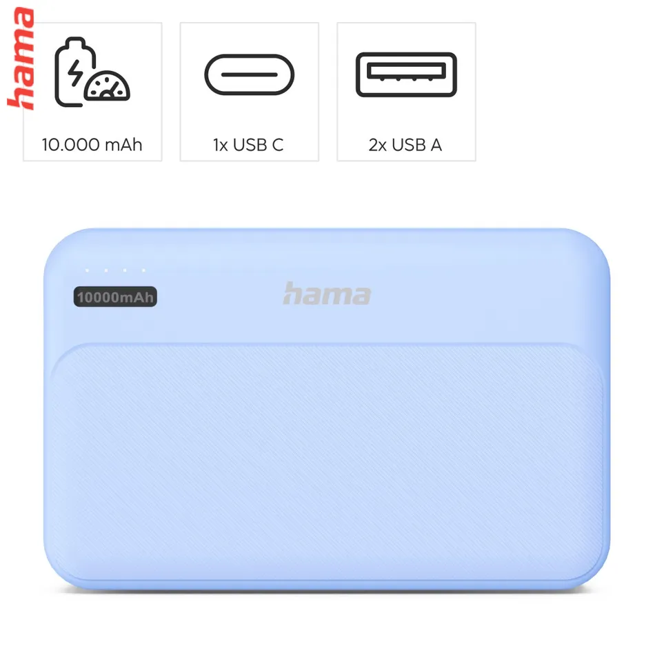 Hama Pocket 10, powerbanka 10000 mAh, 2,1 A, výstup: 2x USB-A, modrá