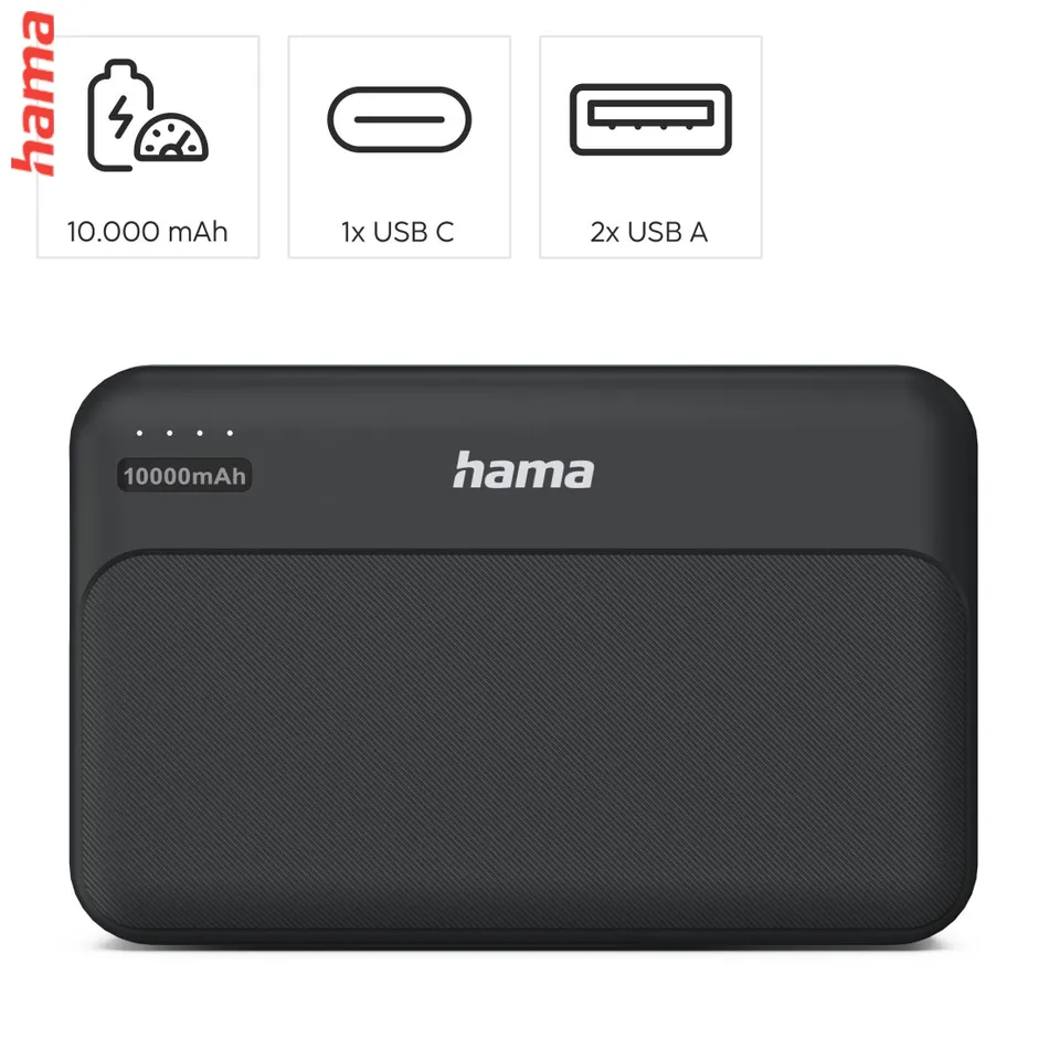 Hama Pocket 10, powerbanka 10000 mAh, 2,1 A, výstup: 2x USB-A, čierna