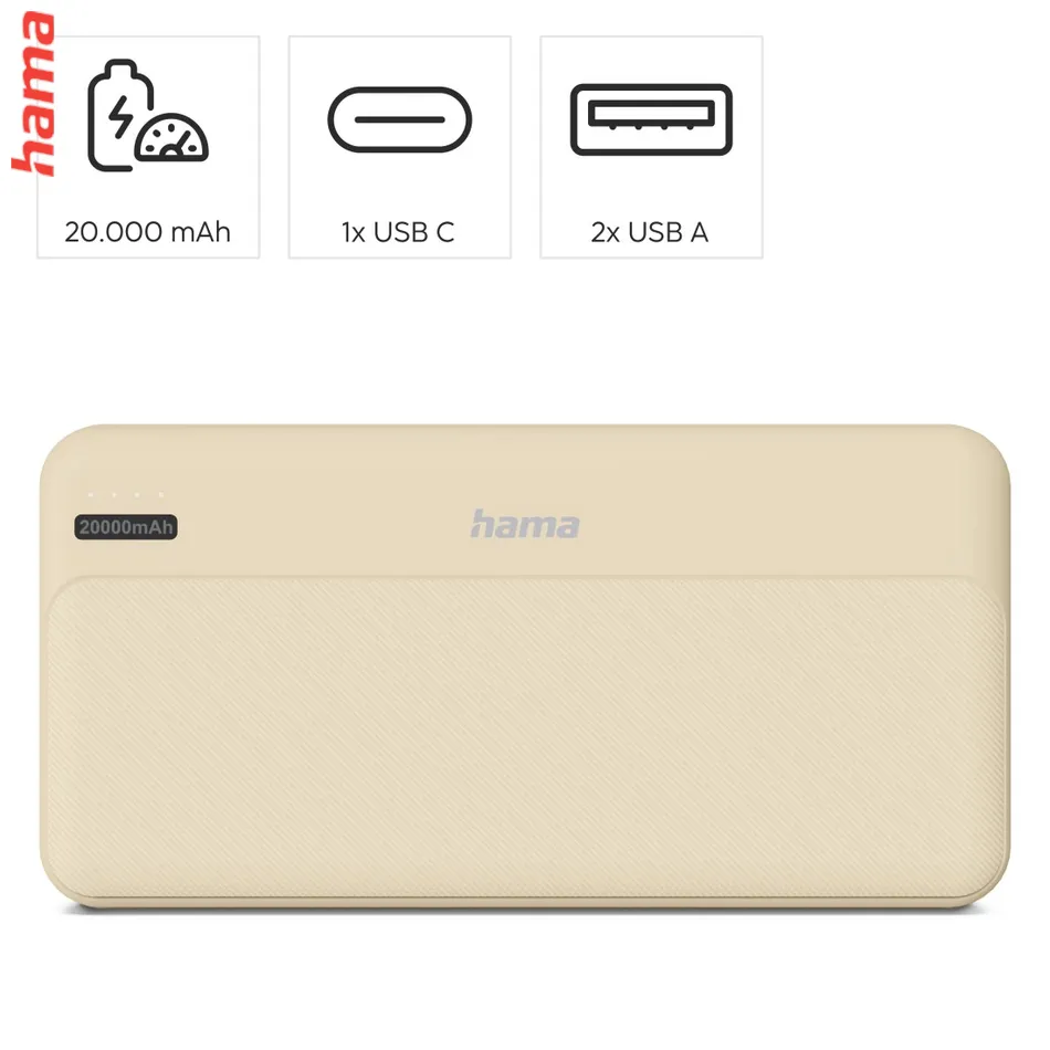 Hama Pocket 20, powerbanka 20000 mAh, 2,1 A, výstup: 2x USB-A, piesková