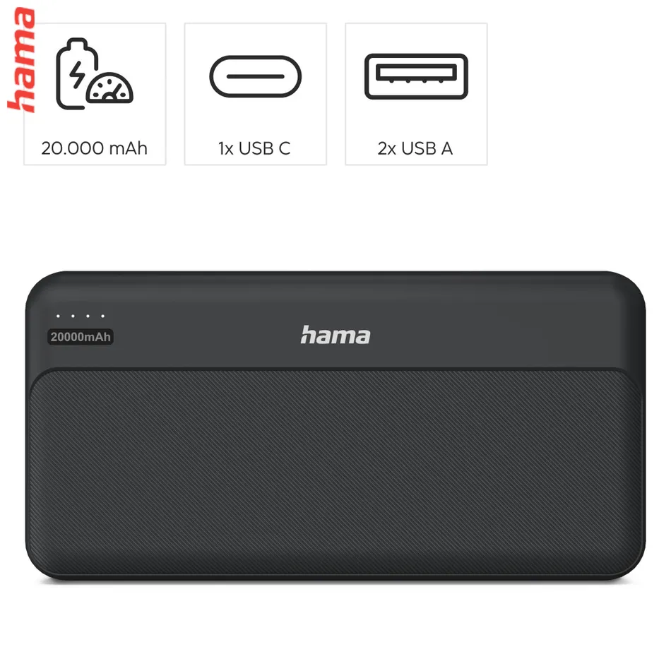 Hama Pocket 20, powerbanka 20000 mAh, 2,1 A, výstup: 2x USB-A, čierna