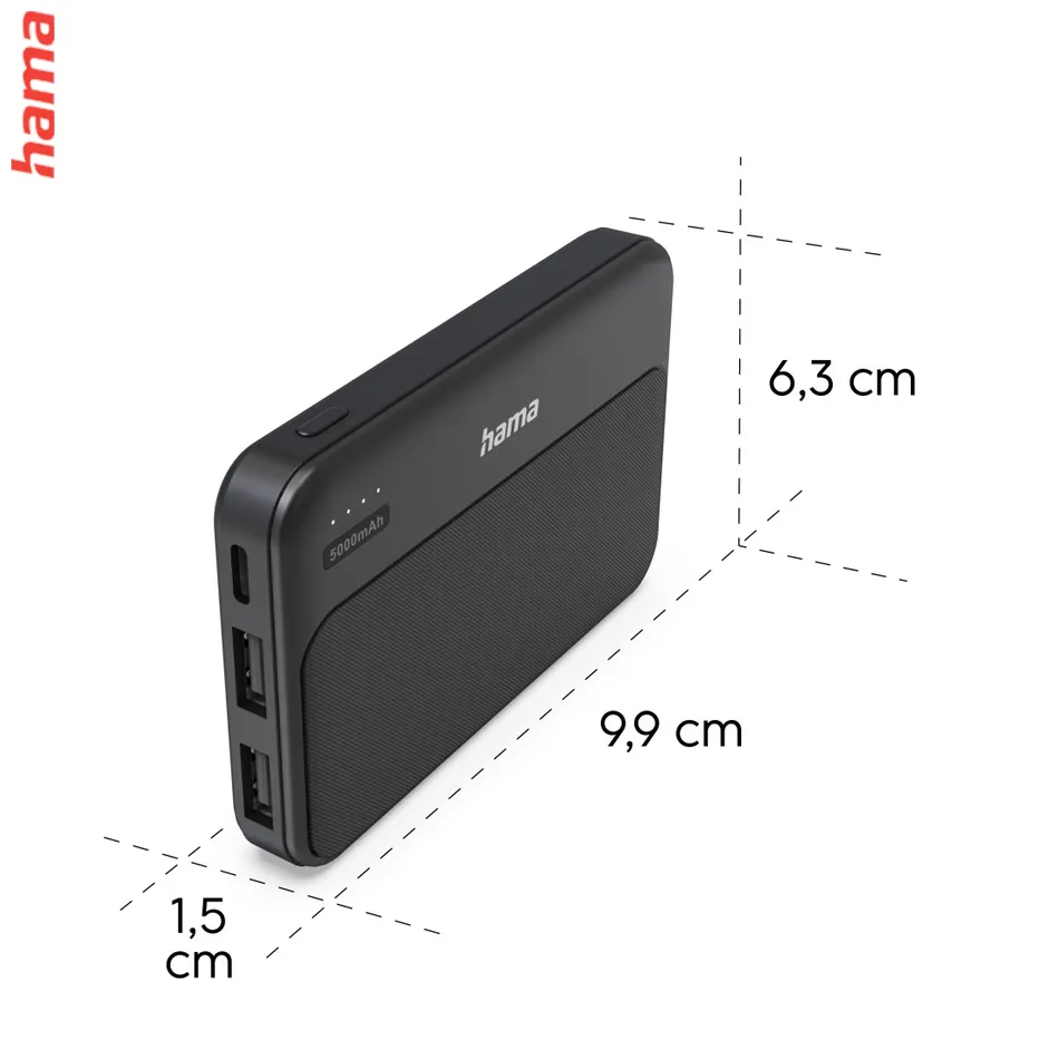Hama Pocket 5, powerbanka 5000 mAh, 2,1 A, výstup: 2x USB-A, čierna Farebný odtieň
