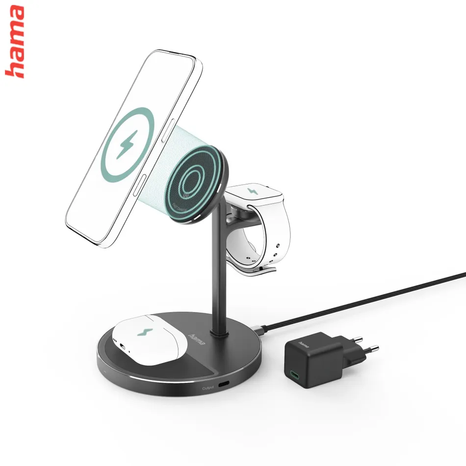Hama bezdrôtová nabíjačka s držiakom 3v1, Qi2 15 W, USB-C adaptér 45 W