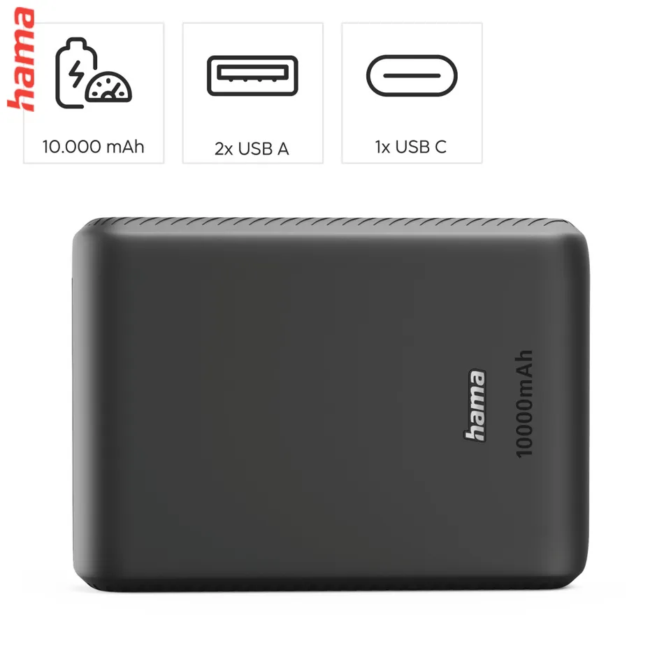 Hama New Performance 10, powerbanka 10000 mAh, 3 A, 15 W, 1x USB-C, 2x USB-A