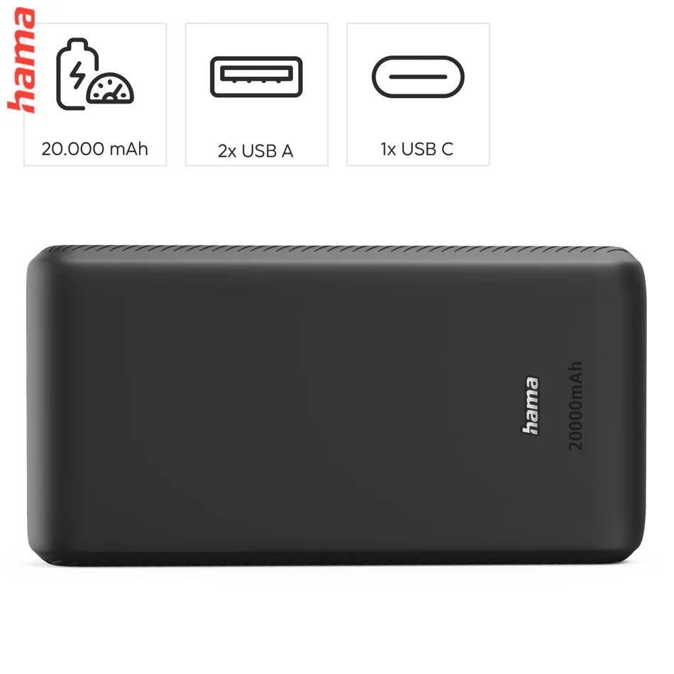 Hama New Performance 20, powerbanka 20000 mAh, 3 A, 15 W, 1x USB-C, 2x USB-A