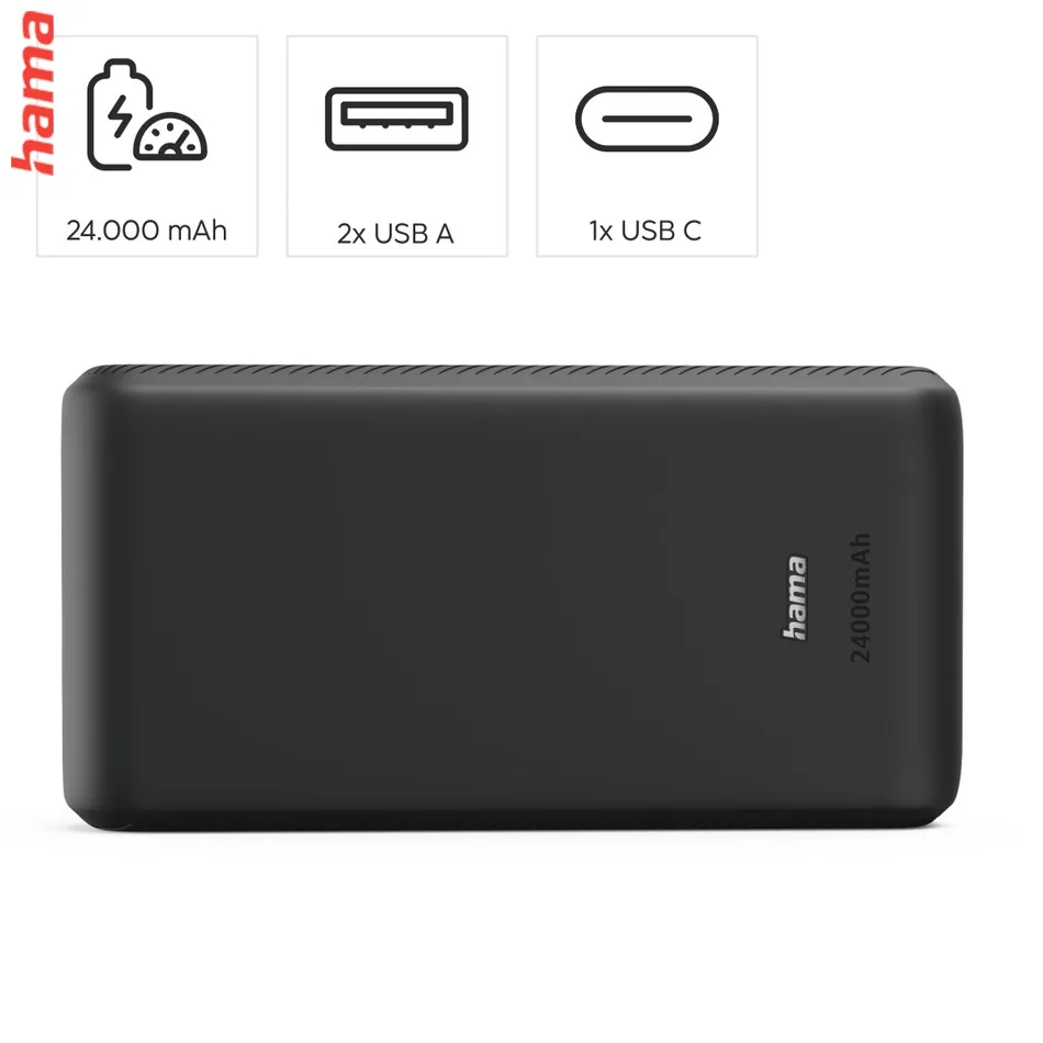 Powerbanka Hama New Performance 24, powerbanka 24000 mAh, 3 A, 15 W, 1x USB-C, 2x USB-A