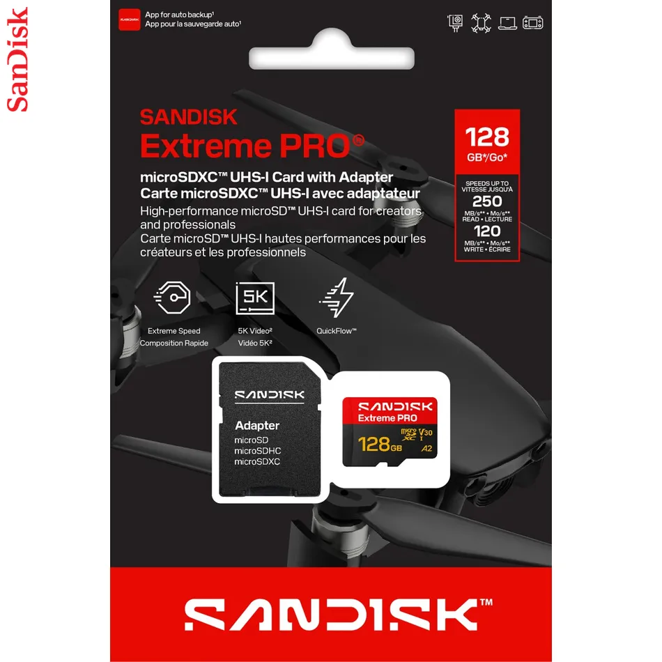 SanDisk microSDXC Extreme PRO 128GB (UHS-I, R250MB/s / W120MB/s, 5K, 4K UHD) + Ad