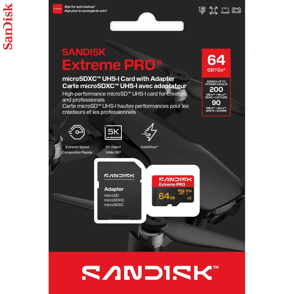 SanDisk microSDXC Extreme PRO 64GB (UHS-I, R200MB/s / W90MB/s, 5K, 4K UHD) + Ad