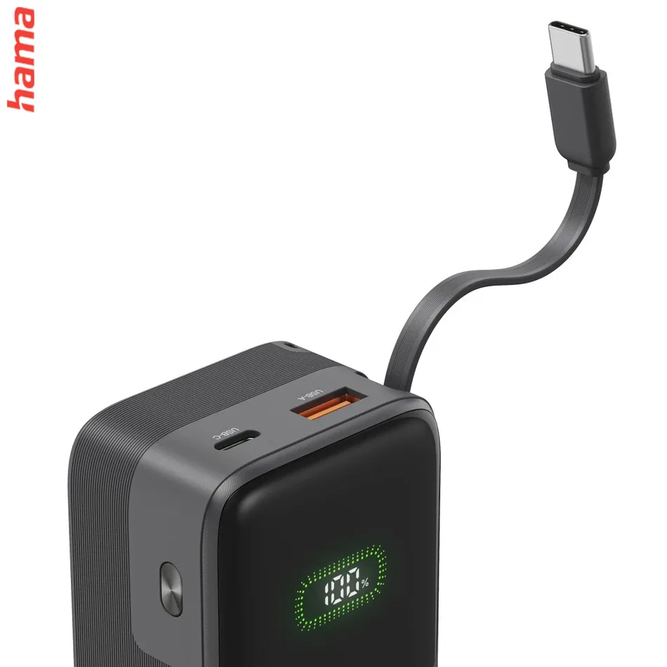 Hama Roll Up powerbanka, 10000 mAh, 20 W, 1x USB-C, 1x USB-A, navíjací kábel