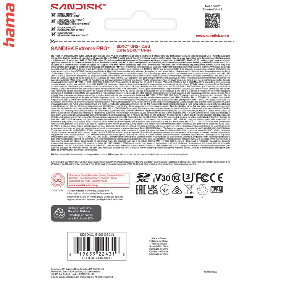 SanDisk SD karta Extreme PRO SDXC 512 GB, UHS-I V30 U3, 250/170 MB/s