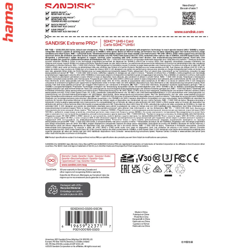 SanDisk SD karta Extreme PRO SDHC 32 GB, UHS-I V30 U3, 100/90 MB/s