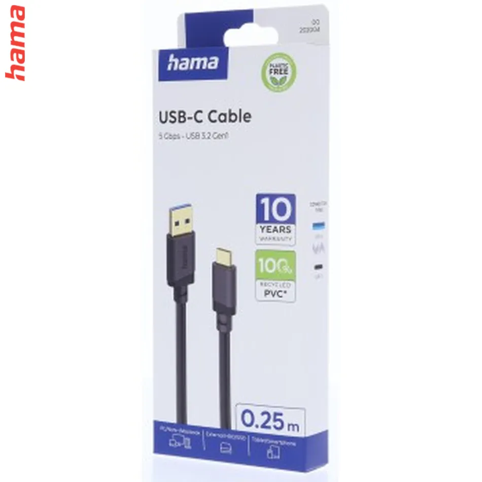 Hama USB A-C kábel 0,25 m, USB 3.2 Gen1 5 Gb/s, čierny