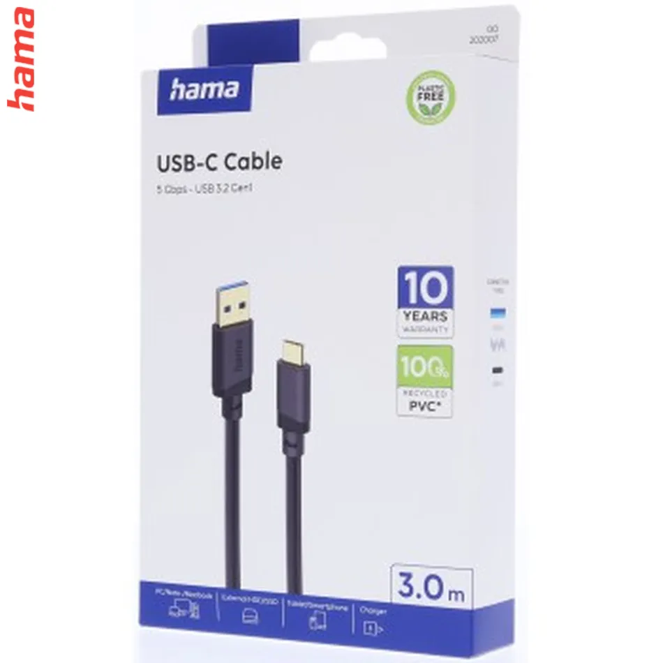 Hama USB A-C kábel 3 m, USB 3.2 Gen1 5 Gb/s, čierny