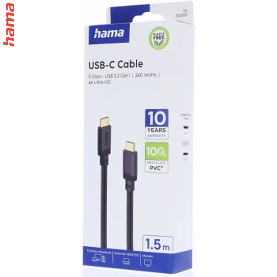 Hama USB C-C kábel 1,5 m, USB 3.2 Gen1 5 Gb/s, 240 W, čierny