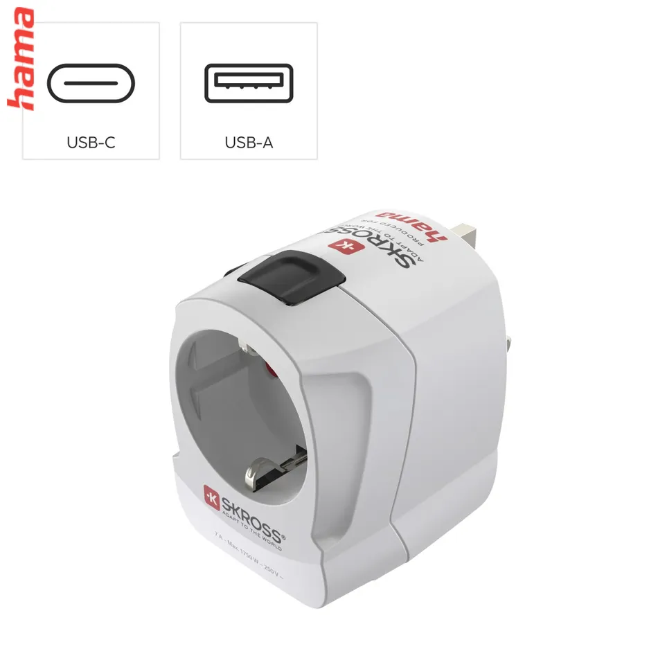 Adaptér do zásuvky Hama cestovný adaptér Pro Light AC 30PD, 3-pól, globálny, USB-A/USB-C 30W