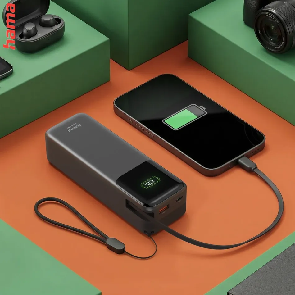 Hama Roll Up powerbanka, 20000 mAh, 45 W, 1x USB-C, 1x USB-A, navíjací kábel