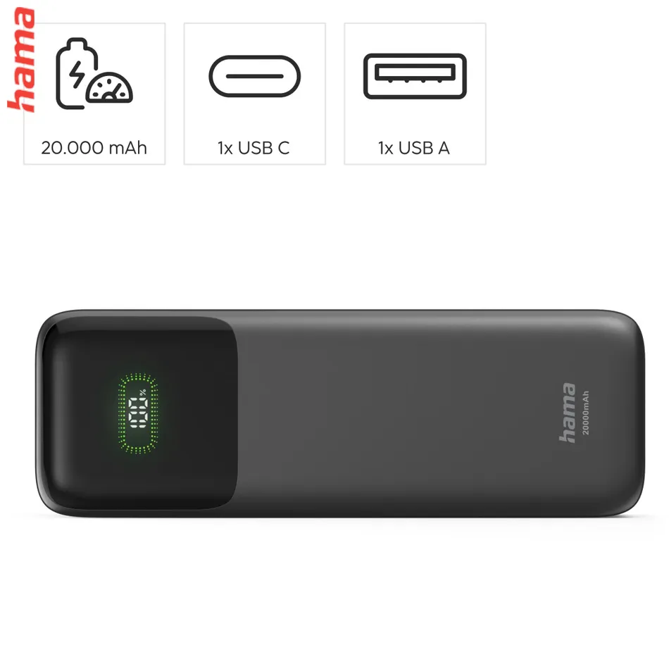 Hama Roll Up powerbanka, 20000 mAh, 45 W, 1x USB-C, 1x USB-A, navíjací kábel