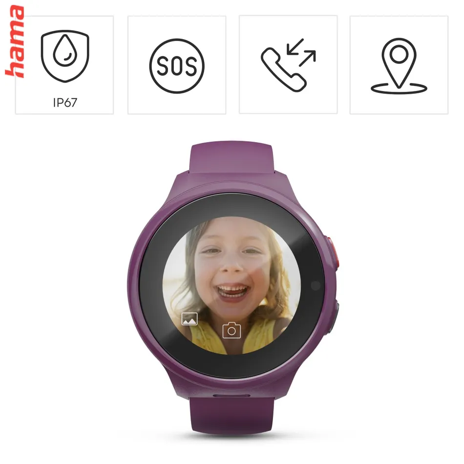 Detské smart hodinky, SIM, GPS, SOS tlačidlo, hlasové/video hovory, fialové