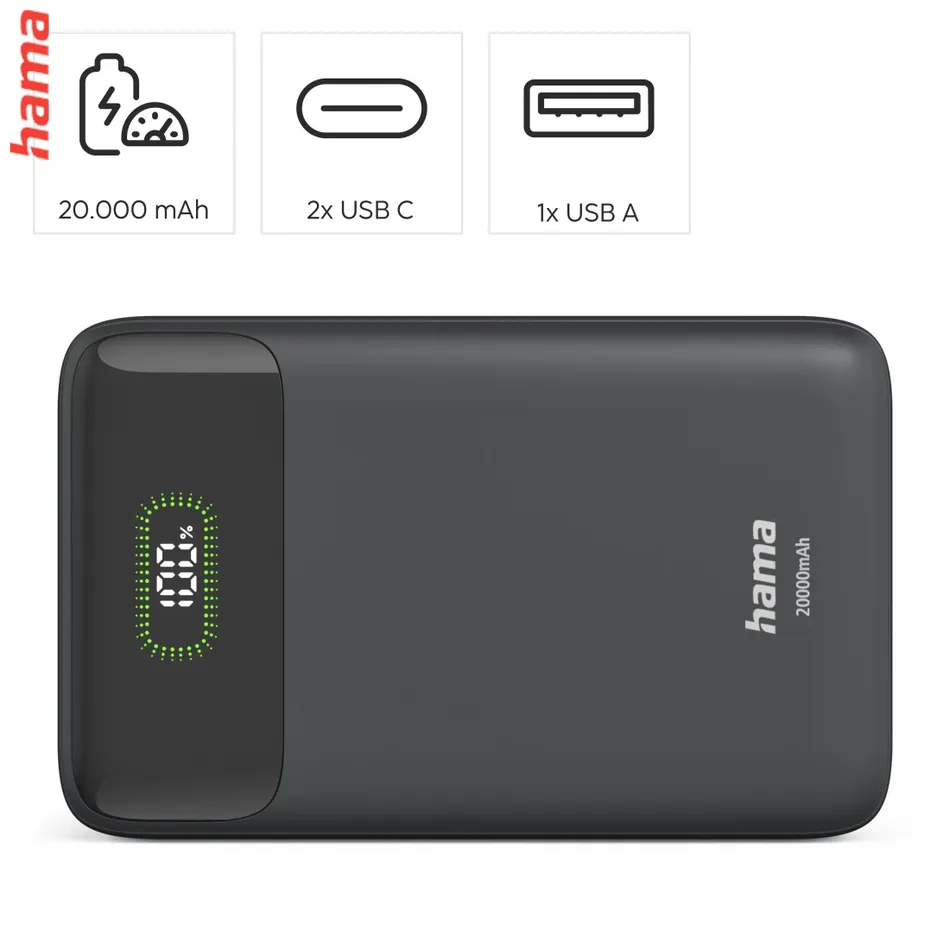 PD20-W20 powerbanka, 20000 mAh, 20 W, 2x USB-C, 1x USB-A, displej