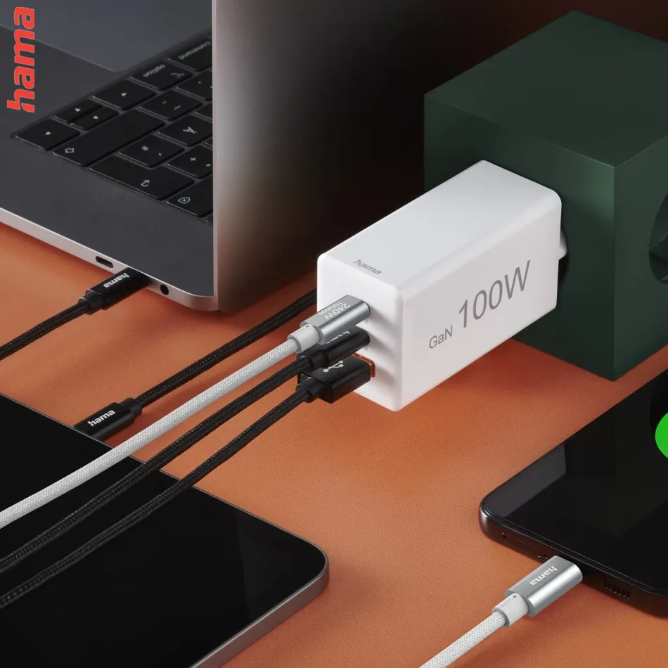 Hama rýchlonabíjačka USB C 100 W GaN, 2x USB-C, 1x USB-A, biela