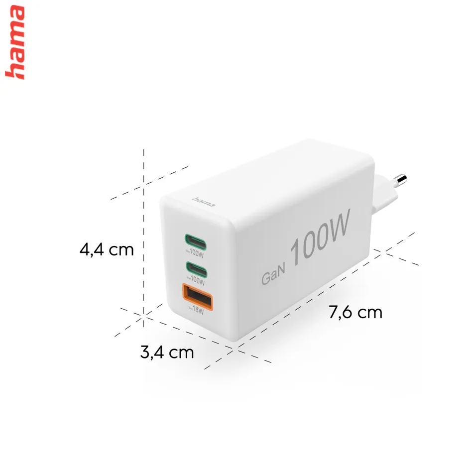 Hama rýchlonabíjačka USB C 100 W GaN, 2x USB-C, 1x USB-A, biela