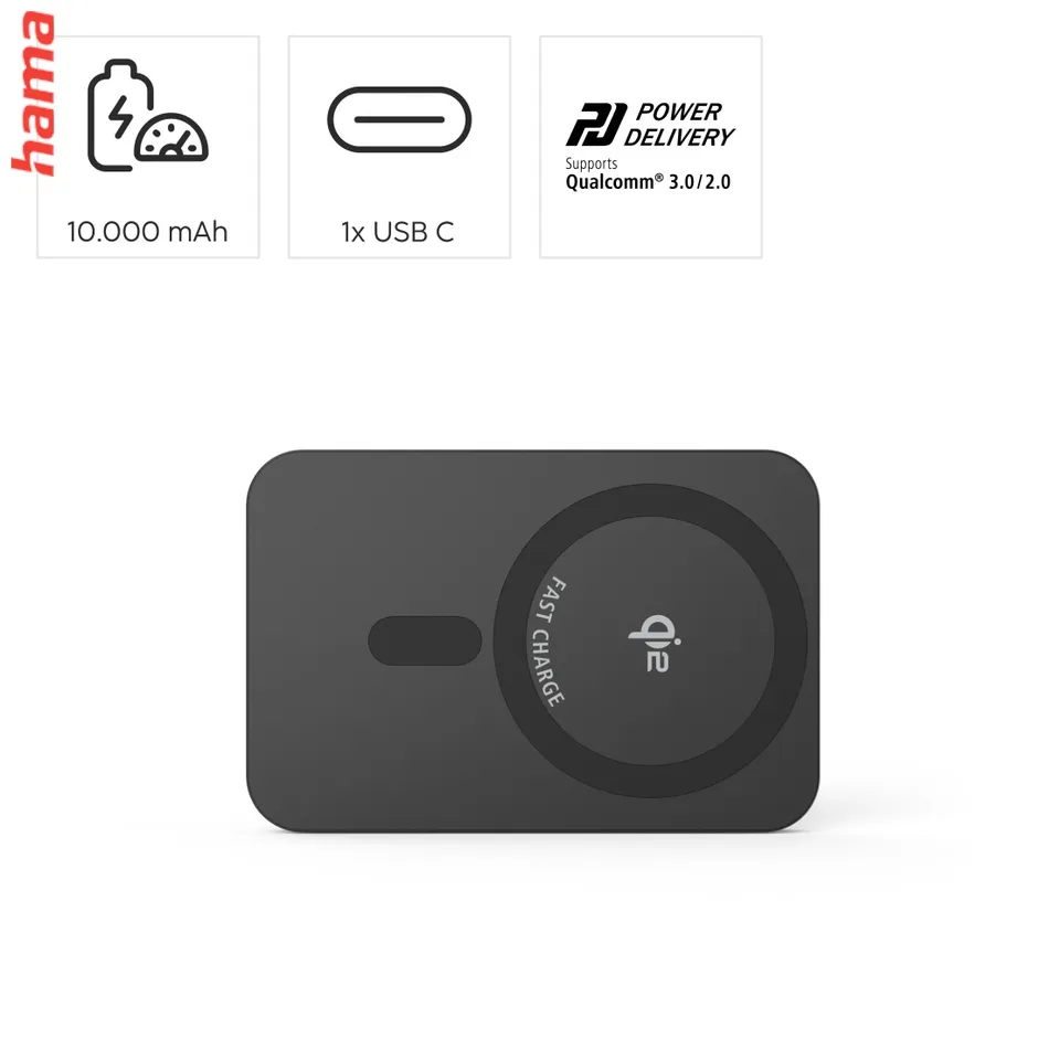 Hama bezdrôtová powerbanka Qi2, 10000 mAh, indukčné nabíjanie, USB-C Power Delivery