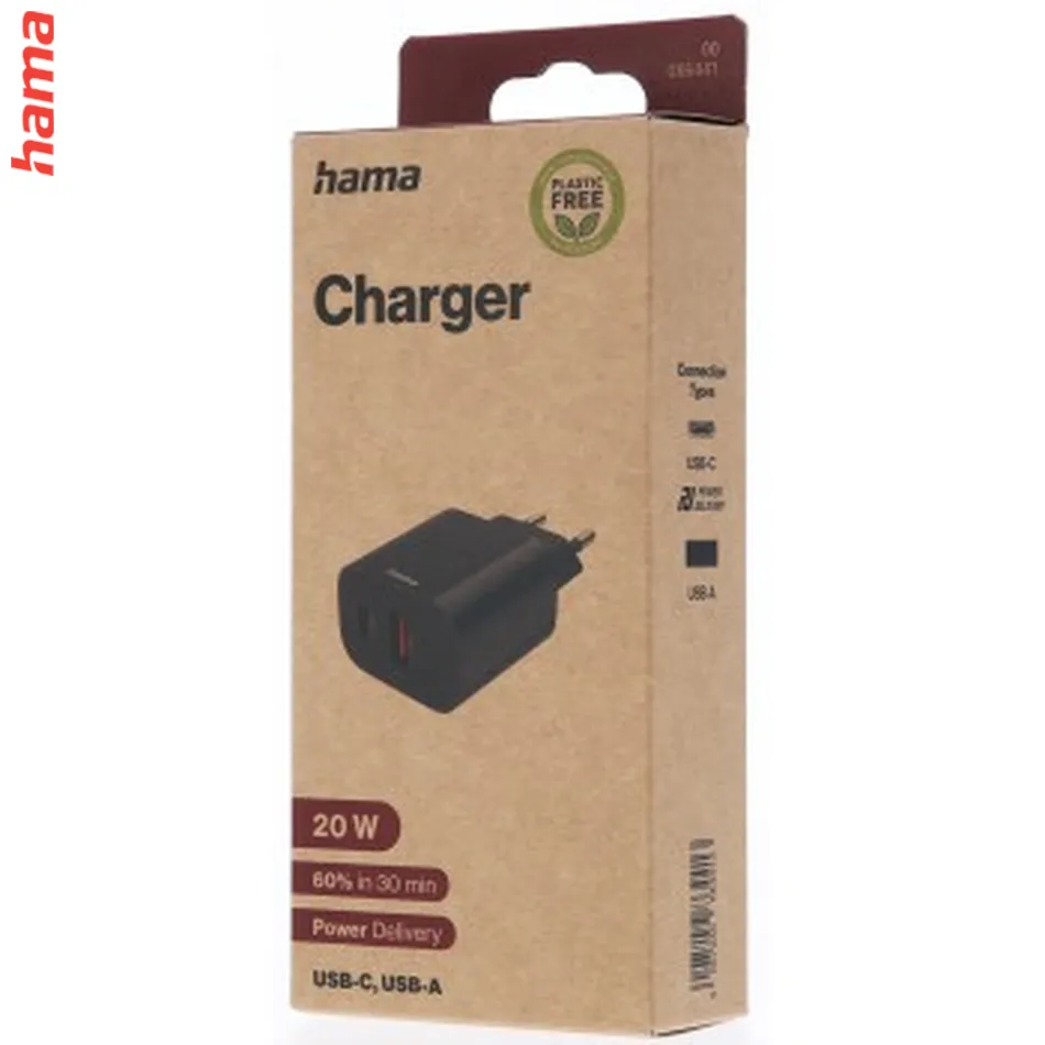 Hama Rýchla USB Nabíjačka USB-C + USB-A, PD/QC, 20 W, Ecosential  