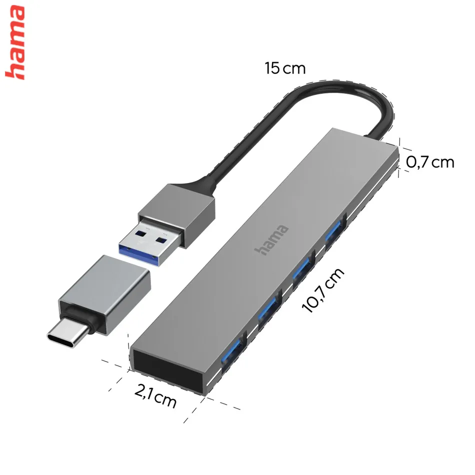 Hama USB hub, 4 porty, USB 3.2, 5 Gb/s, Ultra Slim, USB-C adaptér