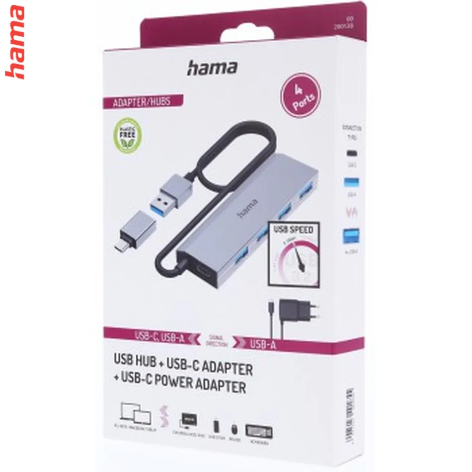 Hama USB-Hub, 4 porty, USB 3.2, 5 Gbit/s, USB-C adaptér, sieťový zdroj