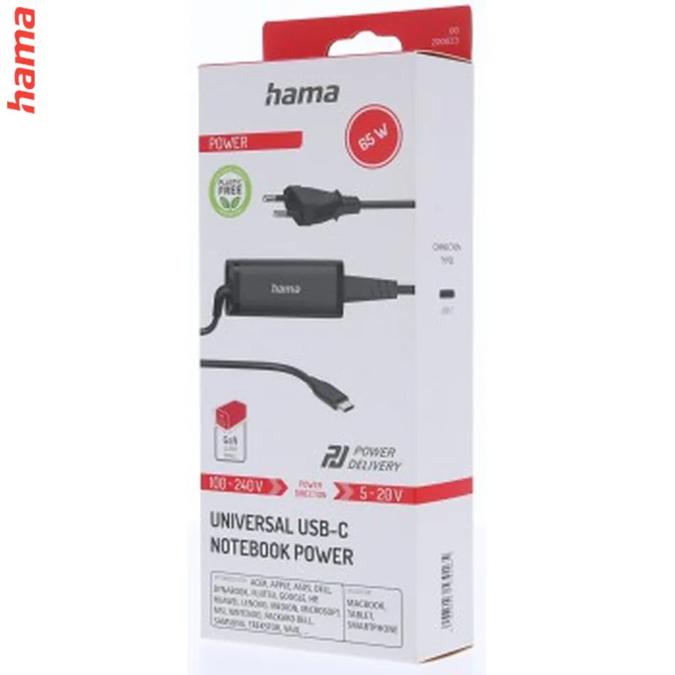 Hama USB-C napájací zdroj pre notebooky, Power Delivery, GaN, 5-20 V, 65 W