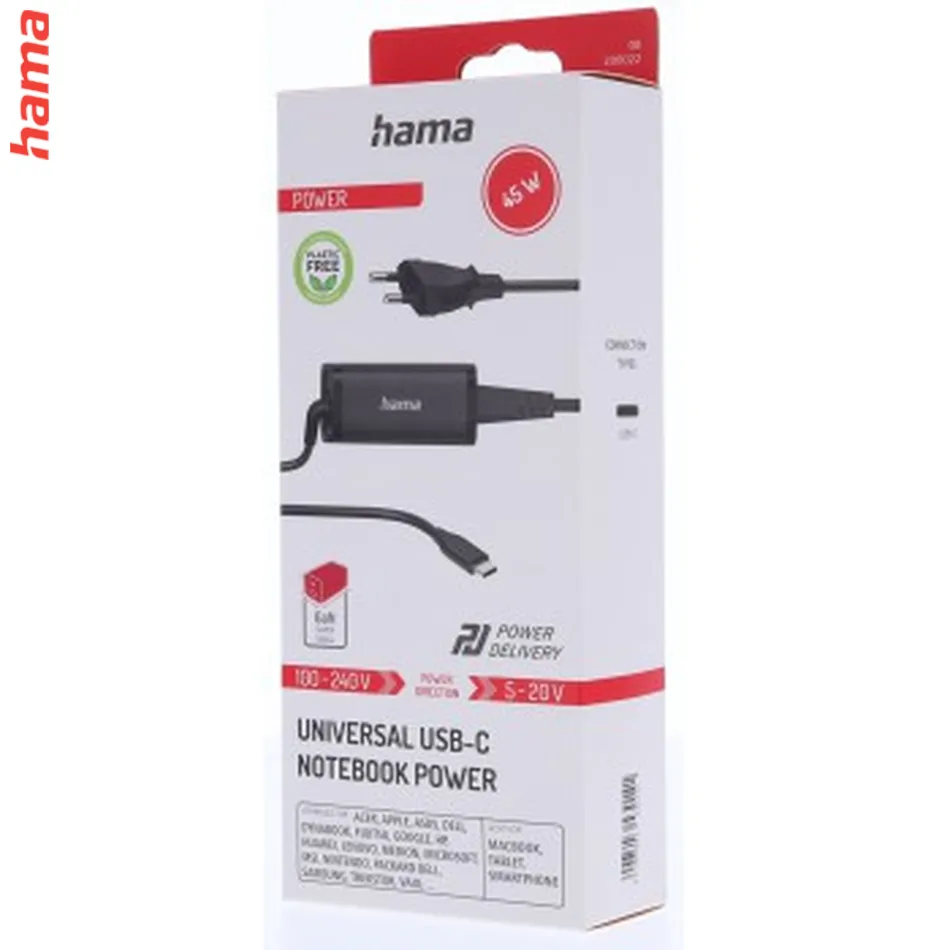 Hama USB-C napájací zdroj pre notebooky, Power Delivery, GaN, 5-20 V, 45 W