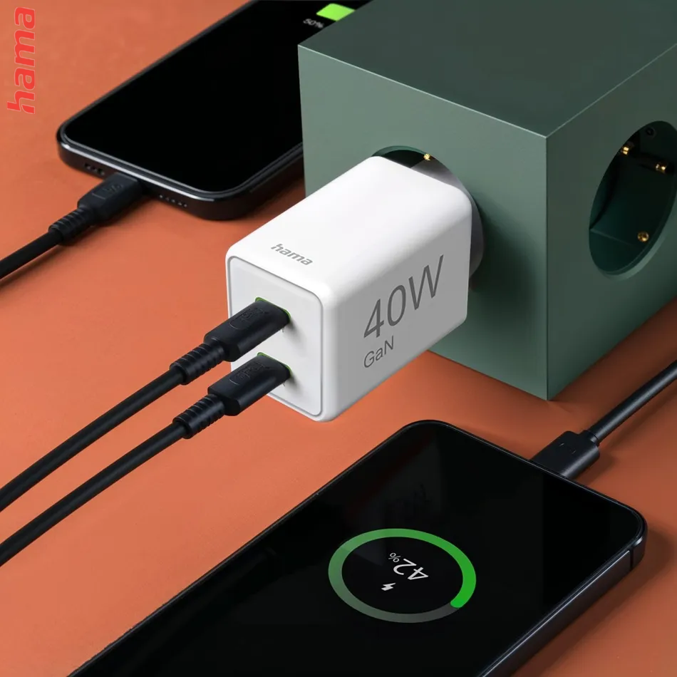 Rýchlonabíjačka Hama , GaN, 2x USB-C, Super Mini nabíjačka, PD, 40 W, biela