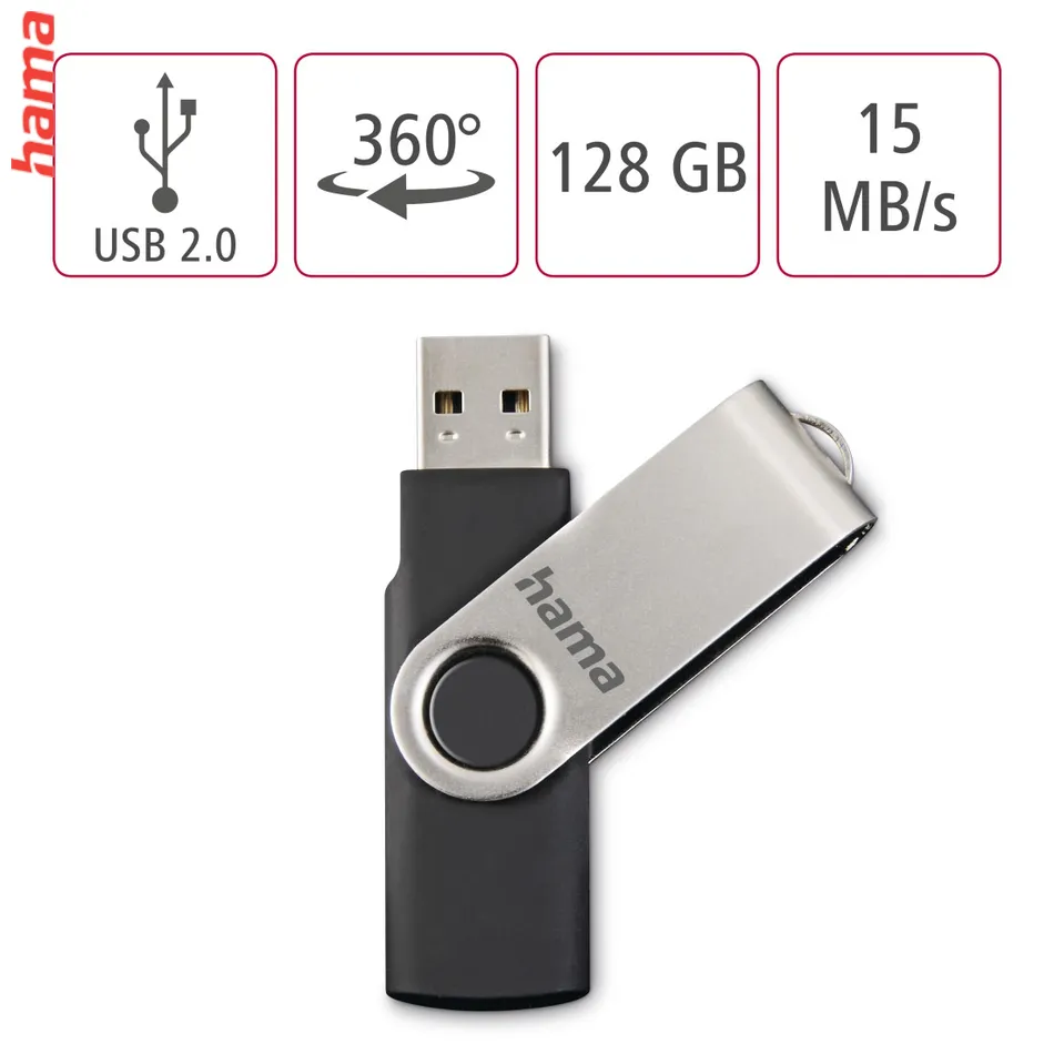 Hama USB 2.0 Flash Drive Rotate, 128 GB, 15 MB/s, čierna/strieborná