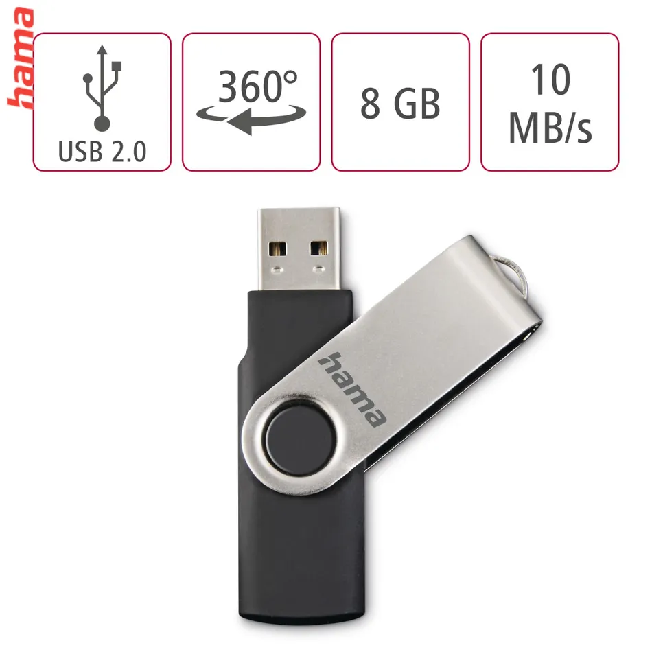 Hama USB 2.0 Flash Drive Rotate, 8 GB, 10 MB/s, čierna/strieborná