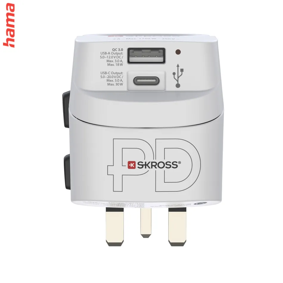 Adaptér do zásuvky Hama cestovný adaptér Pro Light AC 30PD, 3-pól, globálny, USB-A/USB-C 30W