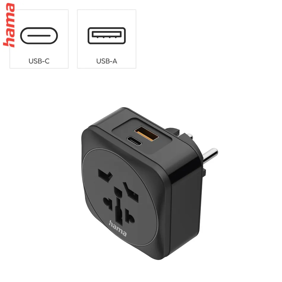 Hama zásuvkový adaptér univerzálny do EU, 3-pól., USB-A/USB-C PD 20 W