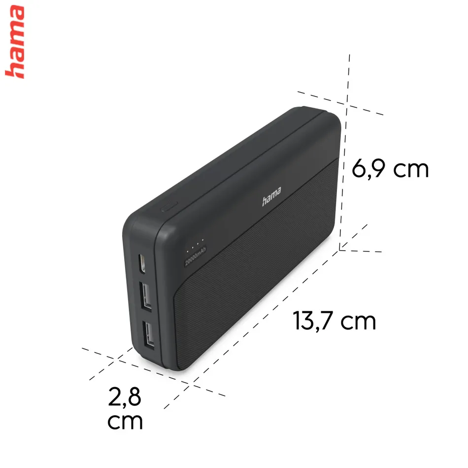 Hama Pocket 20, powerbanka 20000 mAh, 2,1 A, výstup: 2x USB-A, čierna