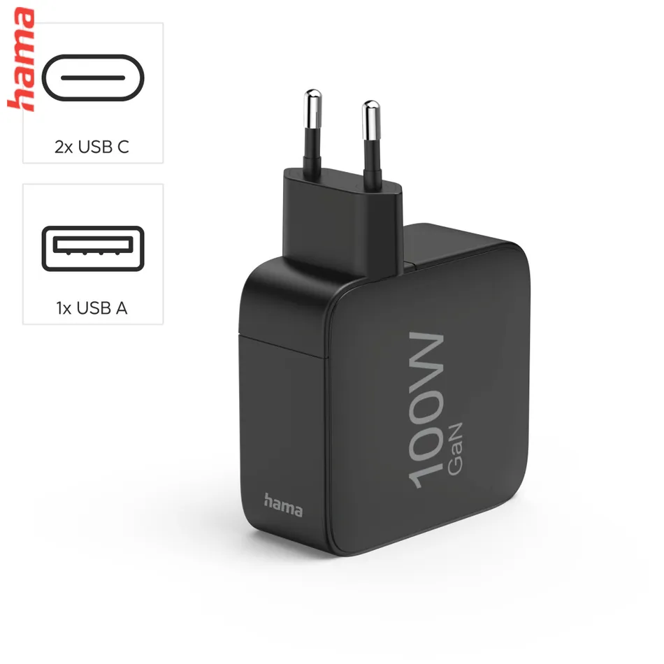 Hama rýchla USB nabíjačka GaN 2x USB-C, USB-A, PD 100 W, čierna