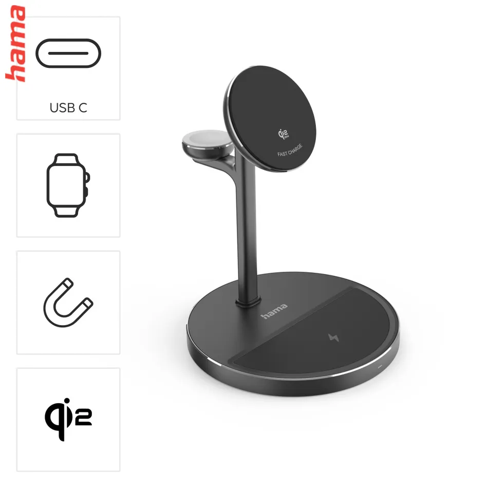 Hama bezdrôtová nabíjačka s držiakom 3v1, Qi2 15 W, USB-C adaptér 45 W