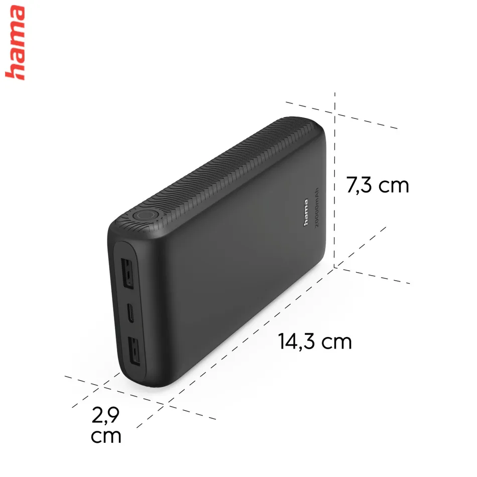 Hama New Performance 20, powerbanka 20000 mAh, 3 A, 15 W, 1x USB-C, 2x USB-A