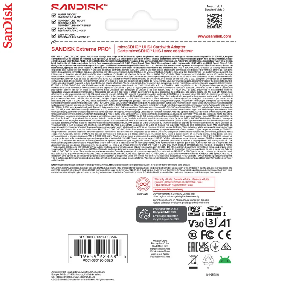 SanDisk microSDHC Extreme PRO 32GB (UHS-I, R100MB/s / W90MB/s, 5K, 4K UHD) + Ad