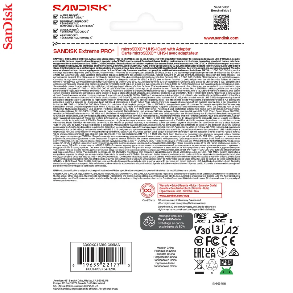 SanDisk microSDXC Extreme PRO 128GB (UHS-I, R250MB/s / W120MB/s, 5K, 4K UHD) + Ad