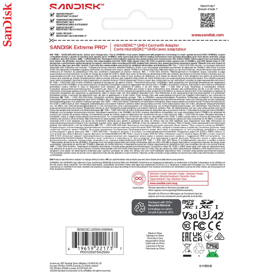 SanDisk microSDXC Extreme PRO 256GB (UHS-I, R250MB/s / W170MB/s, 5K, 4K UHD) + Ad