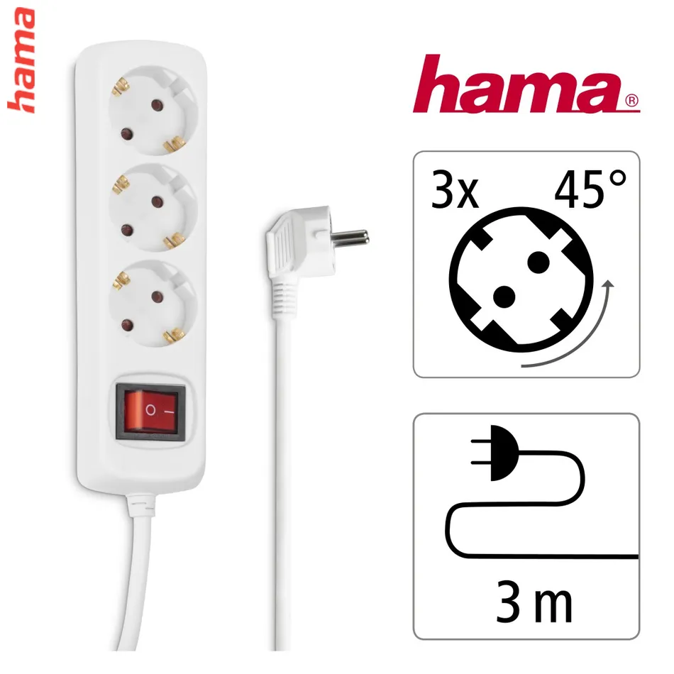 Hama 3-násobná zásuvková lišta s vypínačom, 3 m, biela