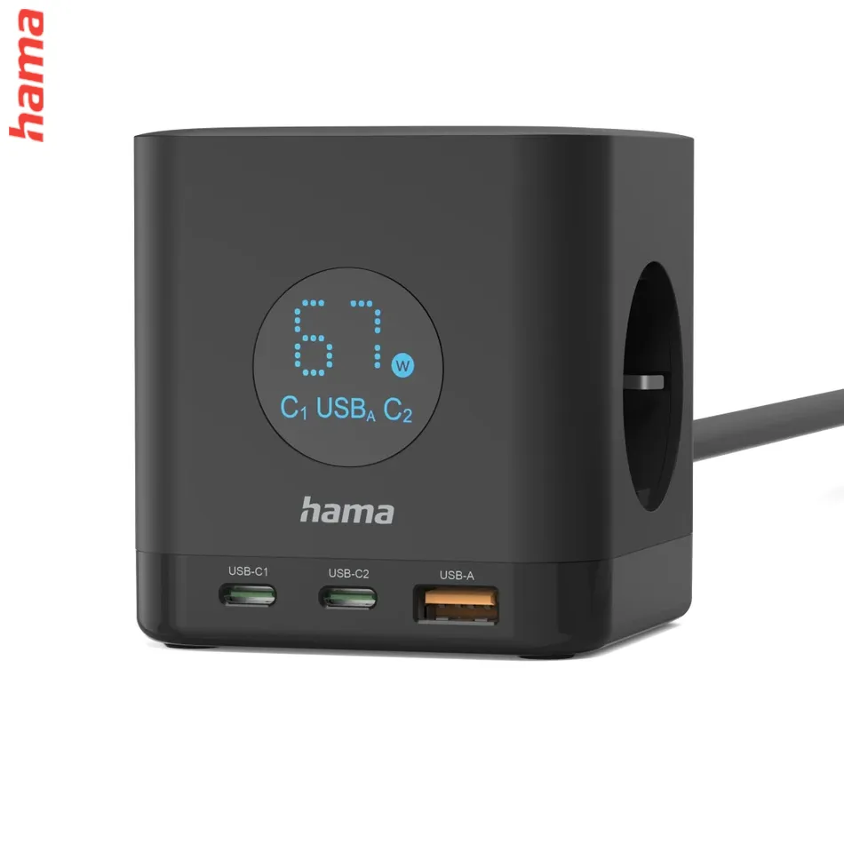 Hama predlžovačka s USB Cube, 3 zásuvky, 2x USB-C, 1x USB-A, PD 67 W, 1,4 m