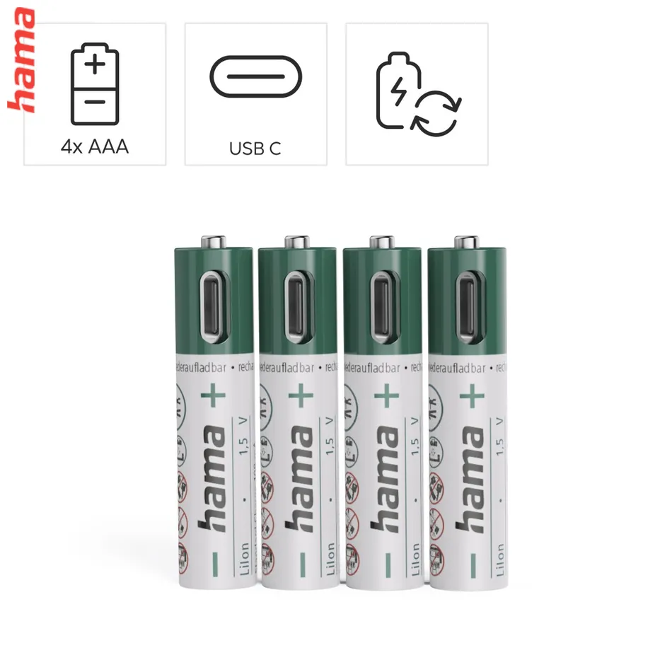Hama nabíjateľné AAA batérie, Li-Ion, 4 ks, 475 mAh, USB-C konektor