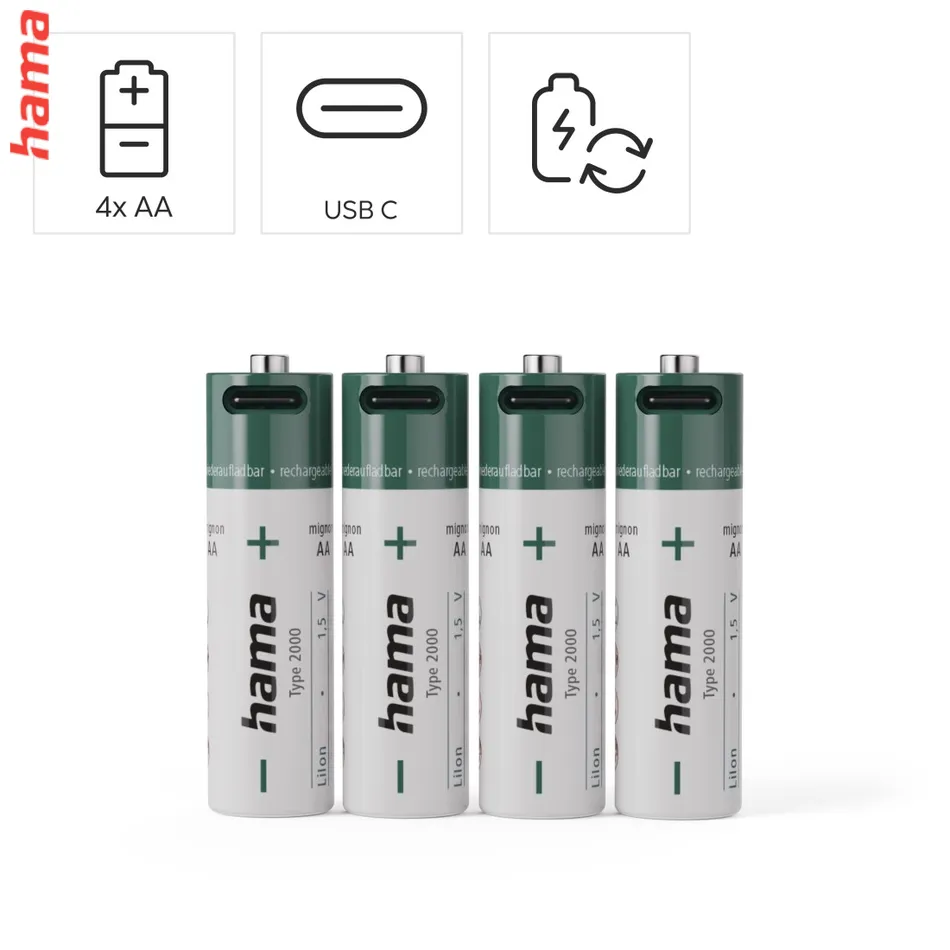 Hama nabíjateľné AA batérie, Li-Ion, 4 ks, 1900 mAh, USB-C konektor