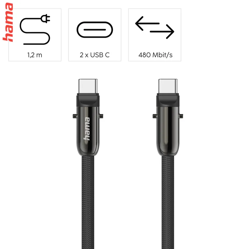 Hama USB-C kábel a šnúrka na mobil 2v1, dĺžka 1,2 m, farba čierna