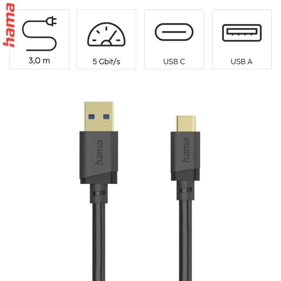 Hama USB A-C kábel 3 m, USB 3.2 Gen1 5 Gb/s, čierny