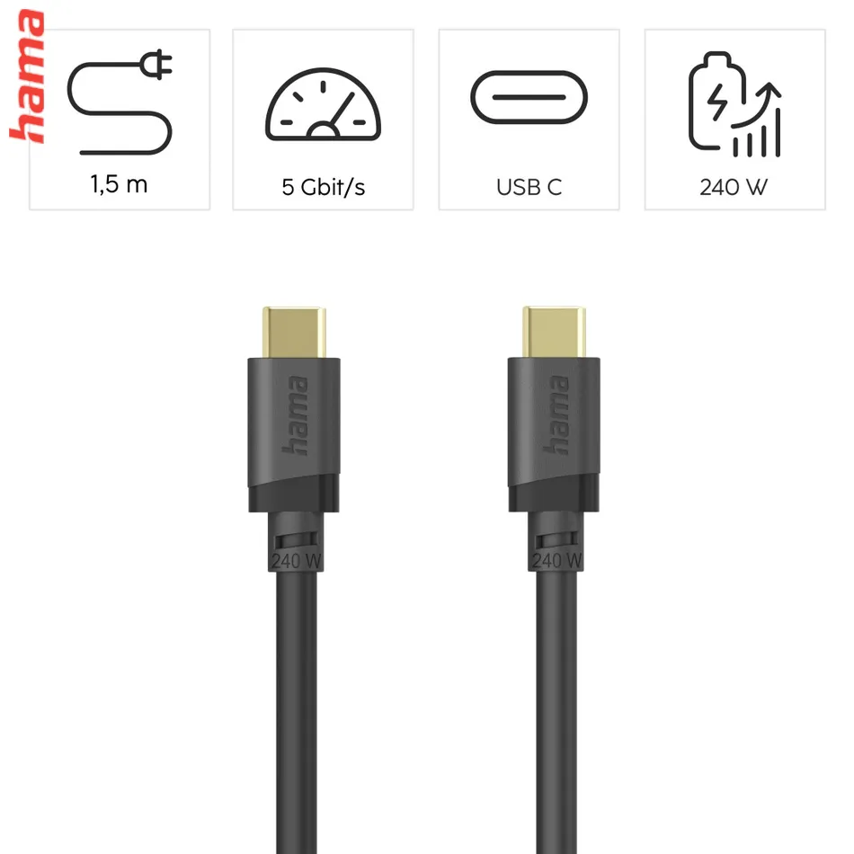 Hama USB C-C kábel 1,5 m, USB 3.2 Gen1 5 Gb/s, 240 W, čierny